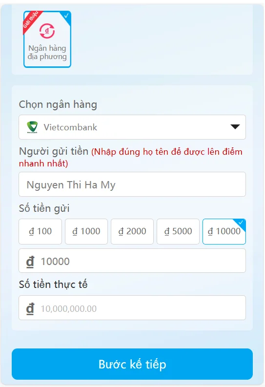 Điền các thông tin cần thiết để nạp tiền 868H