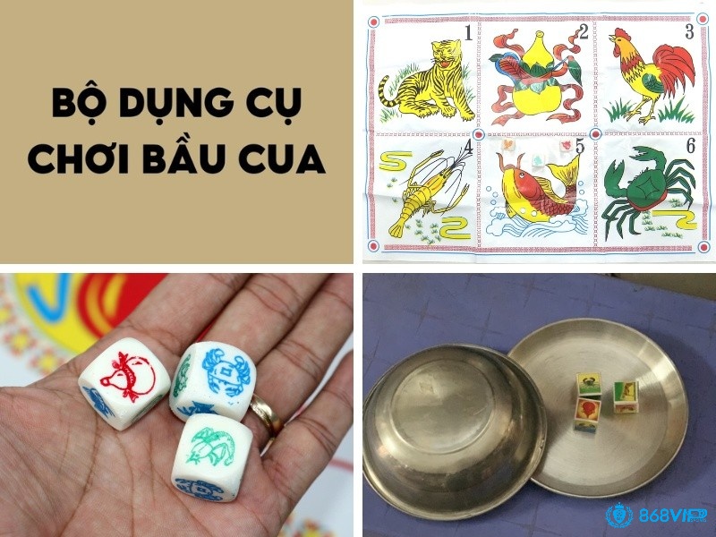 Bộ bầu cua gồm Một bàn bầu cua, ba viên xúc xắc, chén và đĩa